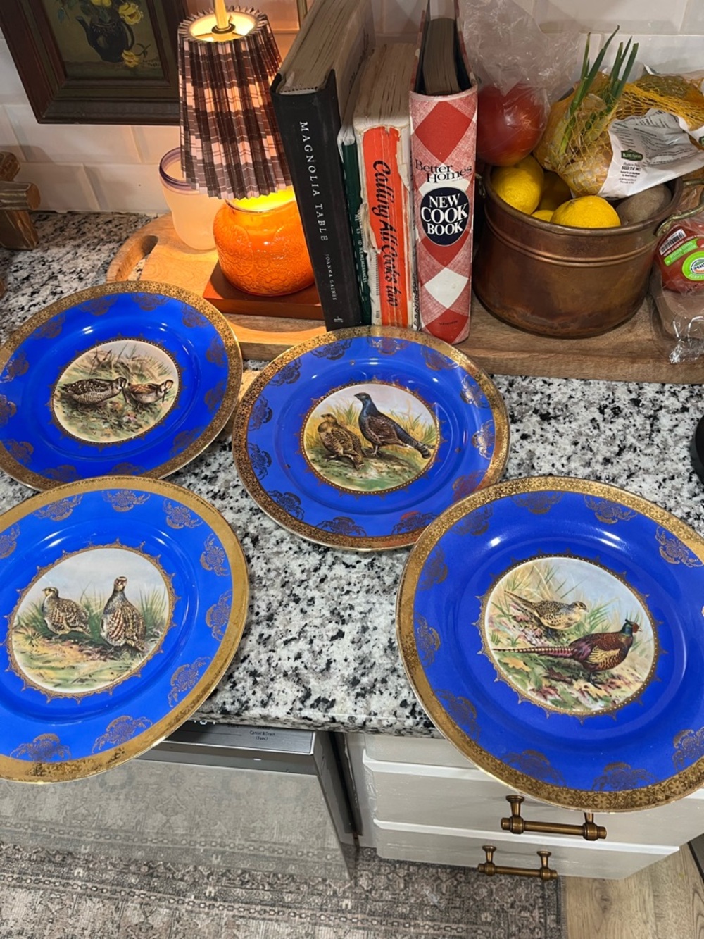 Set of 4 Vintage colbalt/gold gilt bird plates